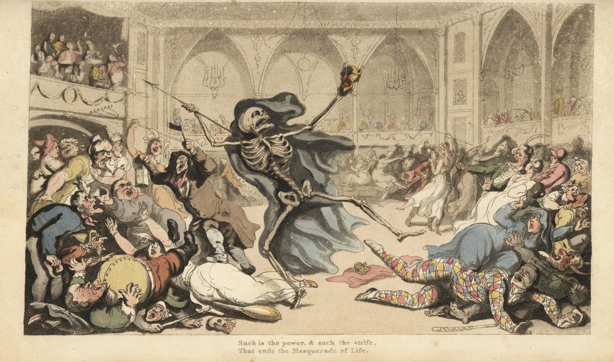 Dødens skelet med sin pil forårsager optøjer blandt harlekiner, jockeyer, nonner, tyrkere og fjols ved et maskeradebal. Håndfarvet kobberplade tegnet og graveret af Thomas Rowlandson fra The English Dance of Death, Ackermann, London af Thomas Rowlandson