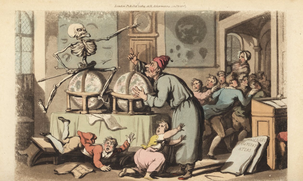 Dødens skelet med sin pil kommer efter en skolemester, da han underviser i astronomi til en klasse børn, der flygter i rædsel. Håndfarvet kobberplade tegnet og graveret af Thomas Rowlandson fra The English Dance of Death, Ackermann, London af Thomas Rowlandson