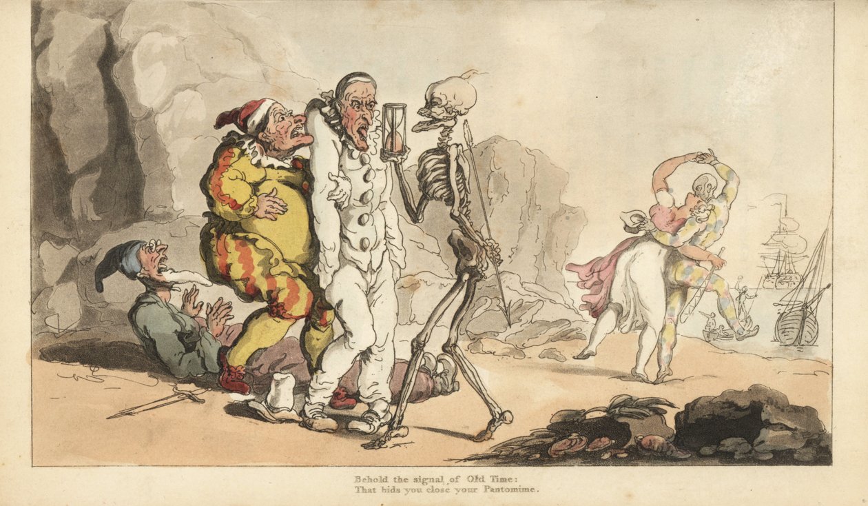 Dødens skelet med timeglas og pil kommer efter en pjerrot og andre klovne, mens en harlekin danser med en kvinde på en strand. Håndfarvet kobberplade tegnet og graveret af Thomas Rowlandson fra The English Dance of Death, Ackermann, London af Thomas Rowlandson