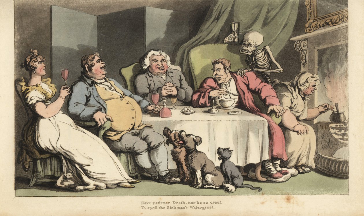 Skelettet af Døden med timeglas kommer til den syge mand, mens han spiser vælling ved spisebordet med sine drikkekammerater foran pejsen. Håndfarvet kobberplade tegnet og graveret af Thomas Rowlandson fra The English Dance of Death, Ackerman af Thomas Rowlandson