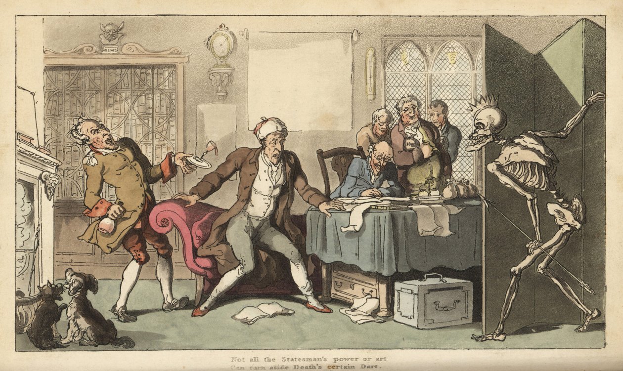 Statsmanden på sit kontor er overrasket over Dødens skeletfigur med sin krone og pil, der dukker op bag en skærm. Håndfarvet kobberplade tegnet og graveret af Thomas Rowlandson fra The English Dance of Death, Ackermann, London af Thomas Rowlandson
