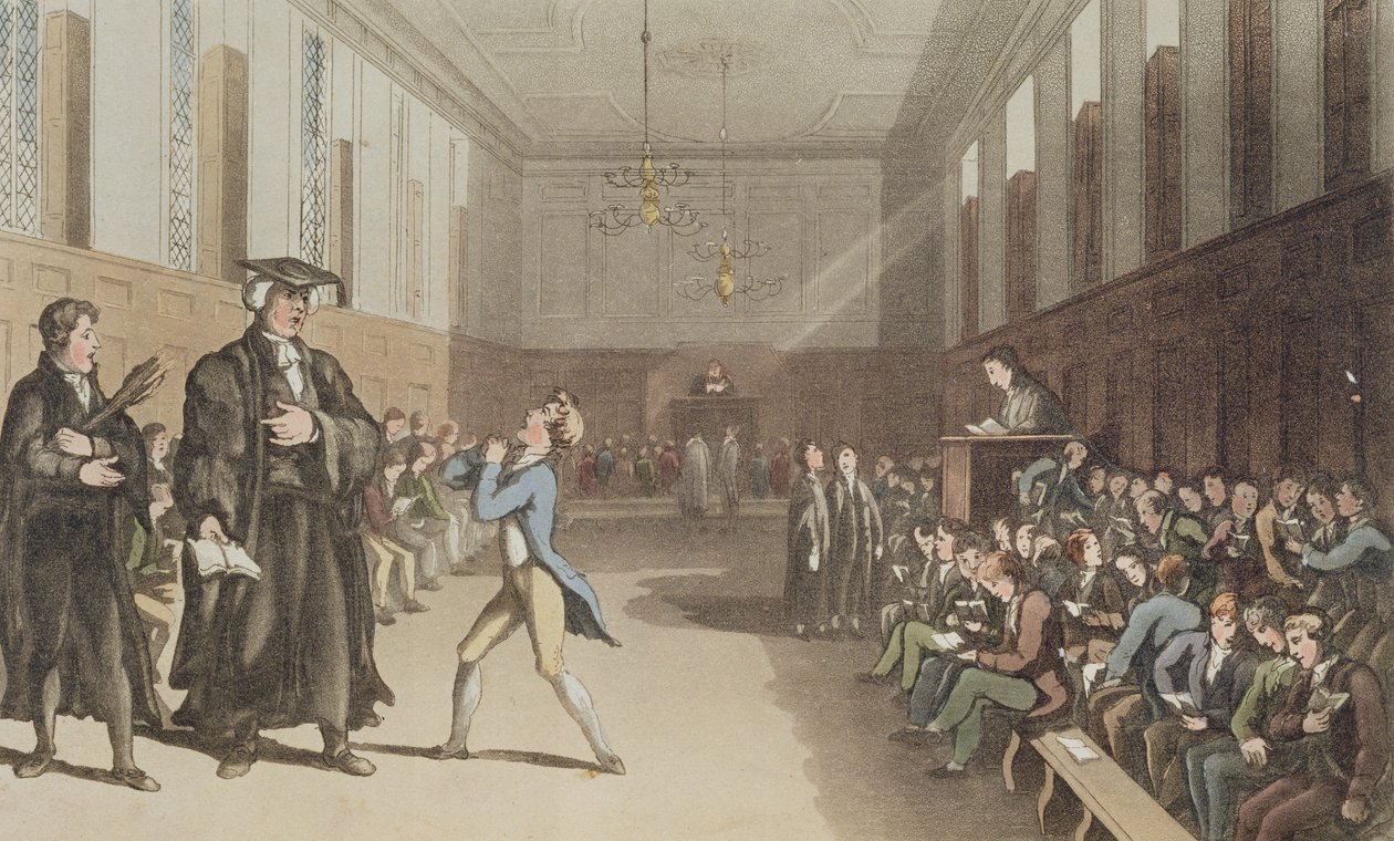 Den strenge præceptor, med sin truende gop, indkalder den kloge rettelse af stangen, fra A Compendious Treatise on Modern Education, 1802 (håndfarvet ætset plade) af Thomas Rowlandson