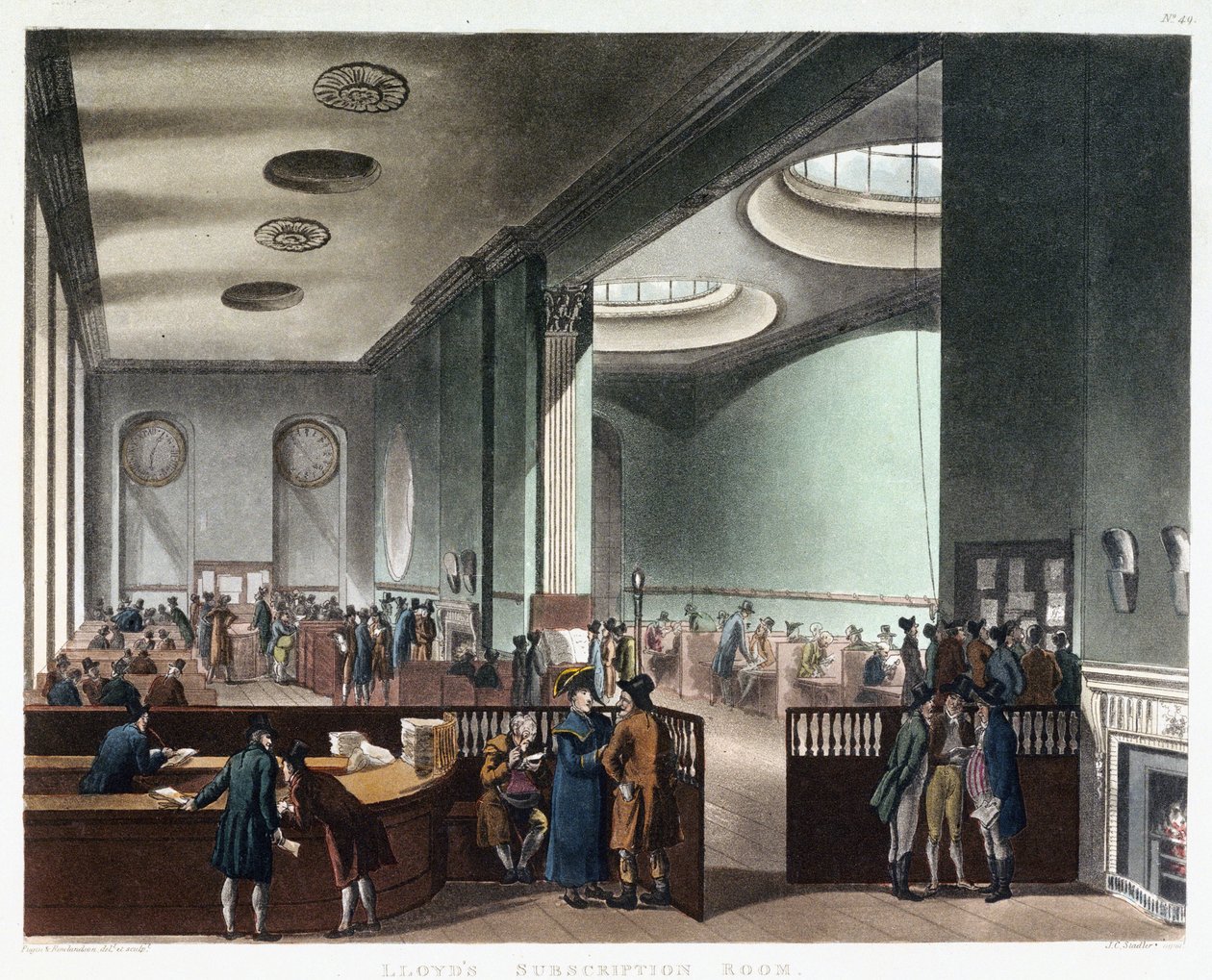 Forsikringslokalet hos Lloyd of London, et forsikringsselskab, der begyndte at handle i Edward Lloyds (død 1713) kaffebar i Tower Street i London, England, i det 17. århundrede. af Thomas Rowlandson
