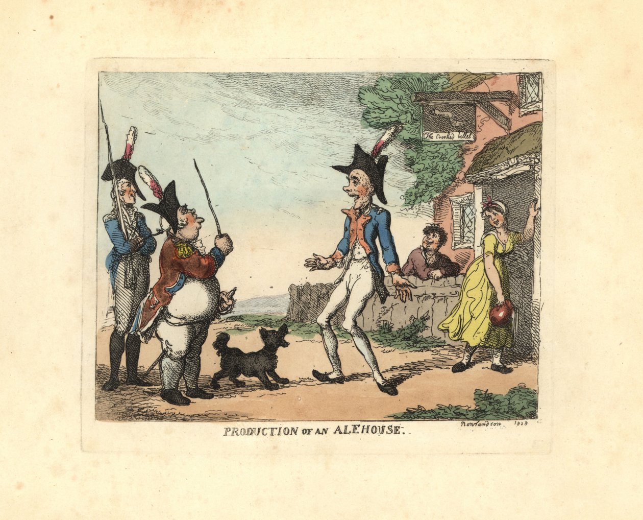 Tre soldater i uniform paraderer uden for et værtshus. af Thomas Rowlandson