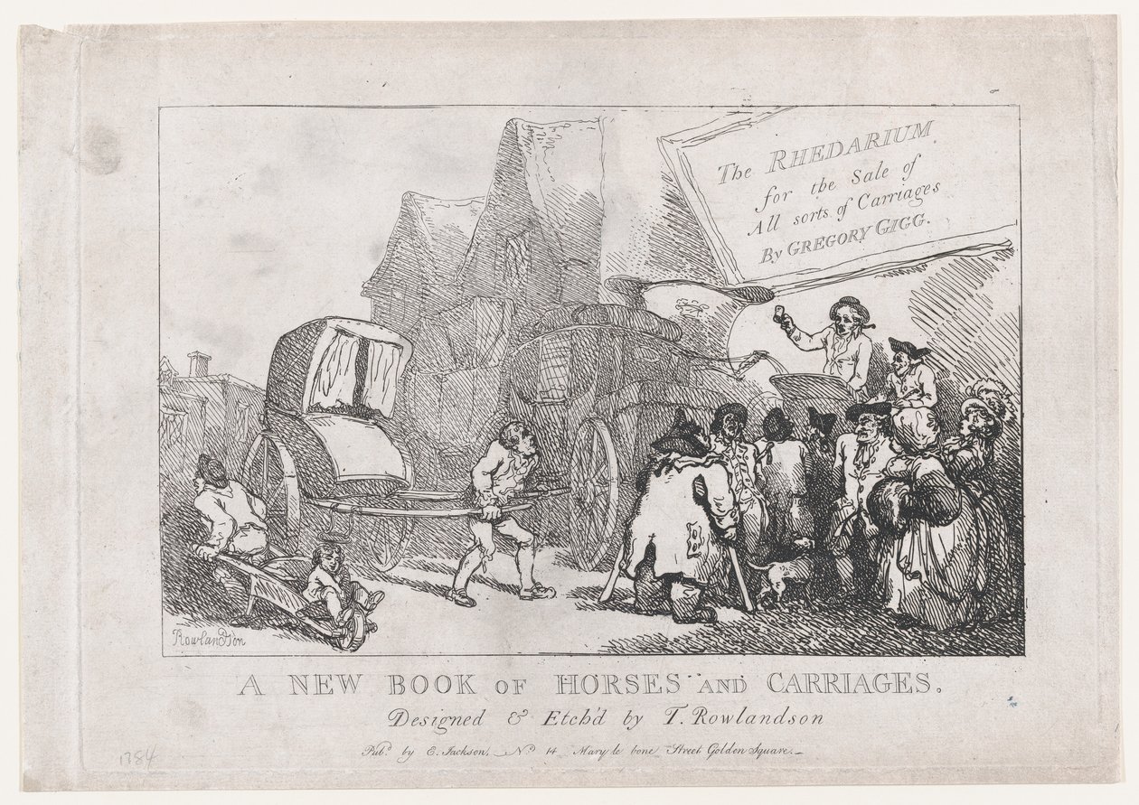 Titelside: En ny bog med heste og vogne, eller, Rhedarium til salg af alle slags..., 1784. af Thomas Rowlandson
