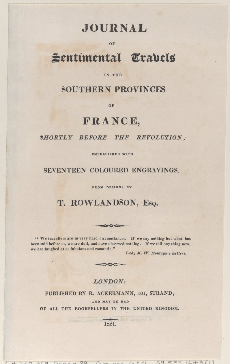 Titelside fra Journal of Sentimental Travels in the Southern Provinces of France, Shor..., 1821. af Thomas Rowlandson