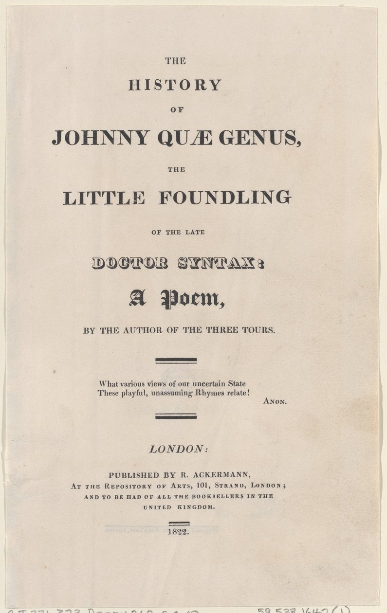 Titelside fra The History of Johnny Quae Genus, The Little Foundling of the Late Docto..., 1822. af Thomas Rowlandson