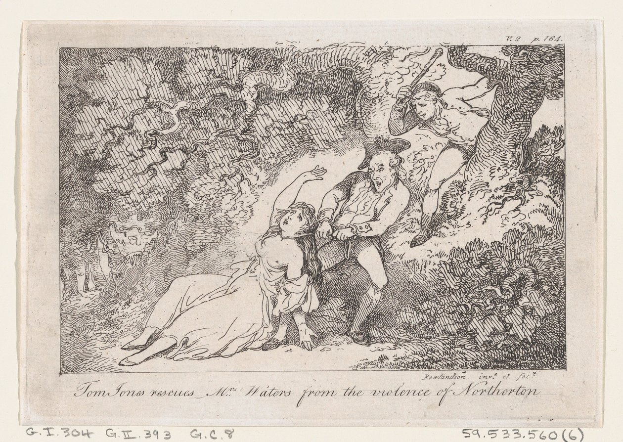 Tom Jones redder fru Waters fra volden i Northerton, fra The History of Tom Jon..., 1792. af Thomas Rowlandson