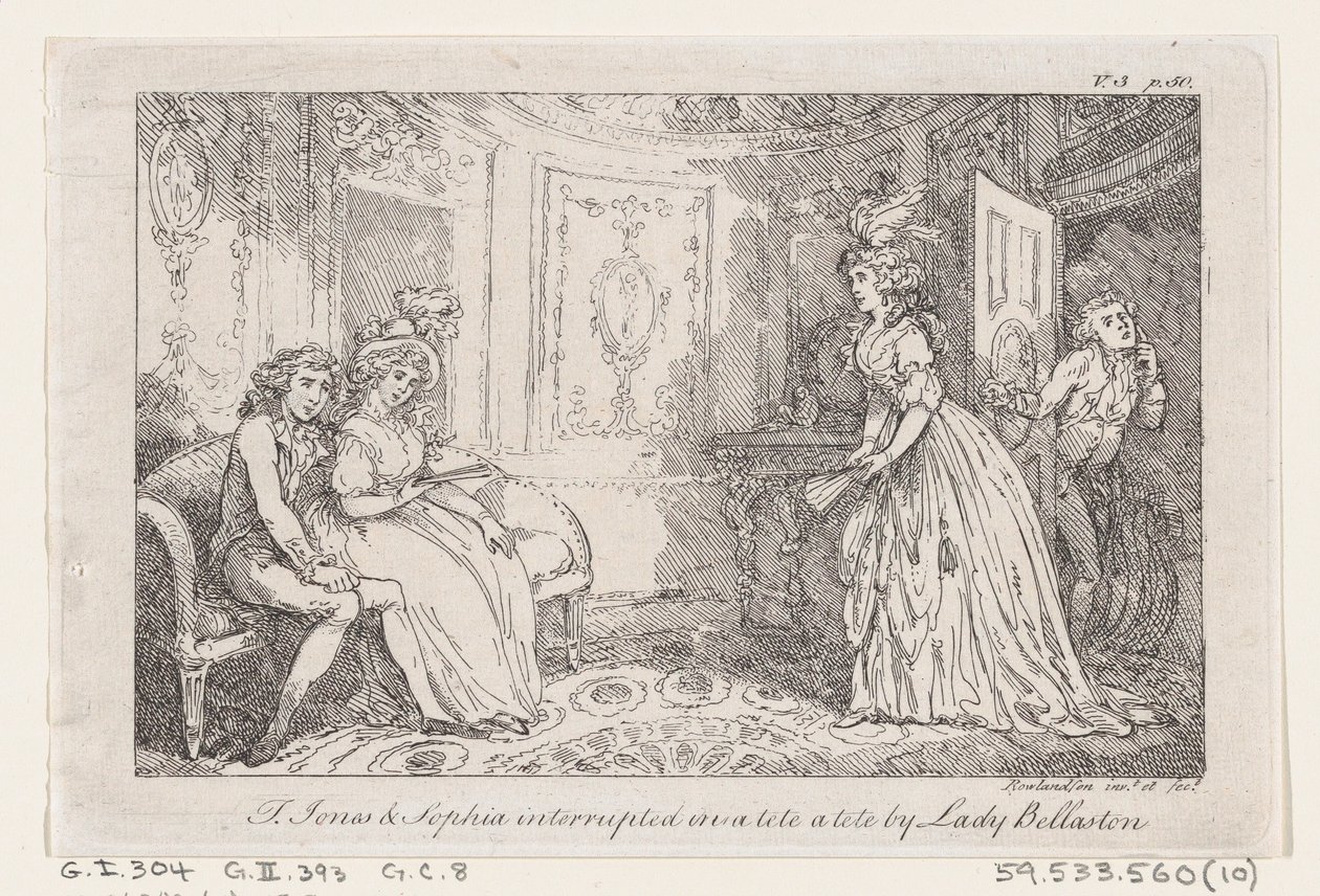 Tom Jones & Sophia afbrød i en tete en tete af Lady Bellaston, fra The History of To..., 1792. af Thomas Rowlandson