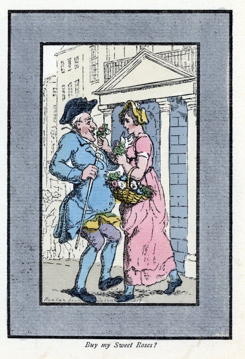 Omrejsende blomsterhandler, nærmer sig en smilende herre med en lille buket roser (1819). Træstik, baseret på et maleri af Thomas Rowlandson (1756-1827), udgivet i The Cris of London: med seks charmerende børn og næsten 40 illustrationer, b. af Thomas Rowlandson