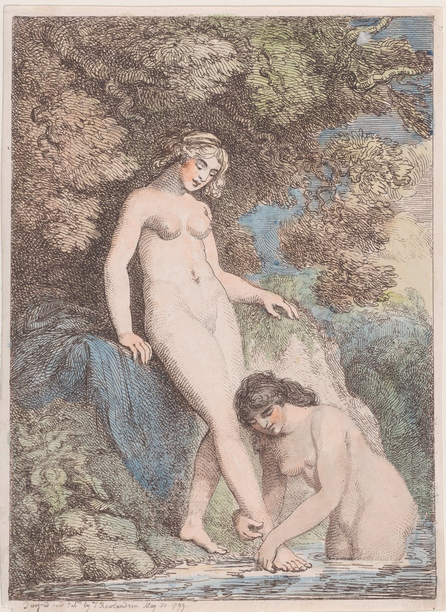 To nymfer badende, den ene vasker den andens fod, 20. maj 1799., 20. maj 1799. af Thomas Rowlandson