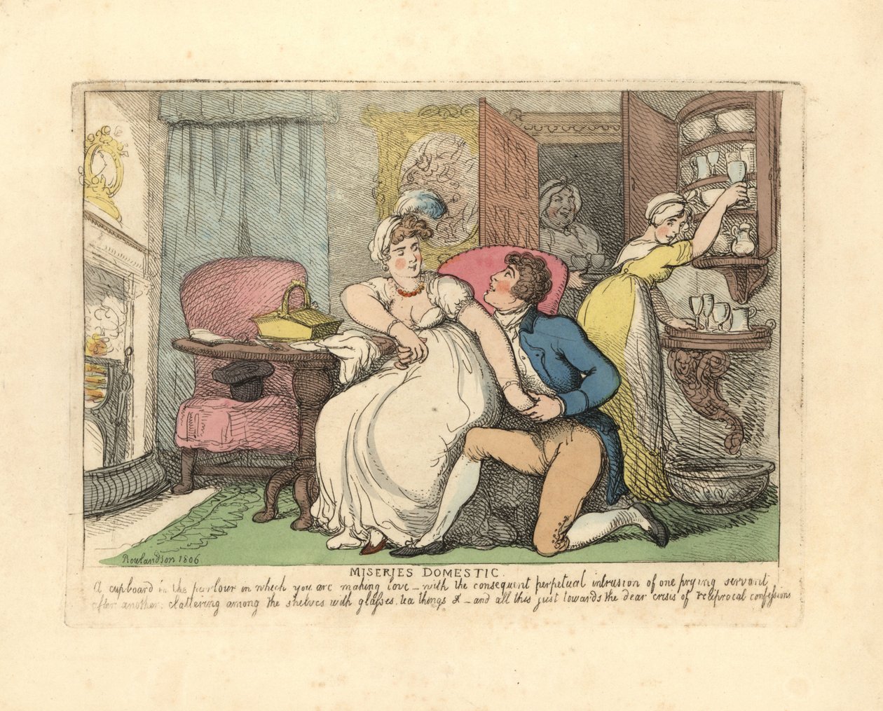 To kærester i en stue forstyrret af nysgerrige stuepiger. af Thomas Rowlandson
