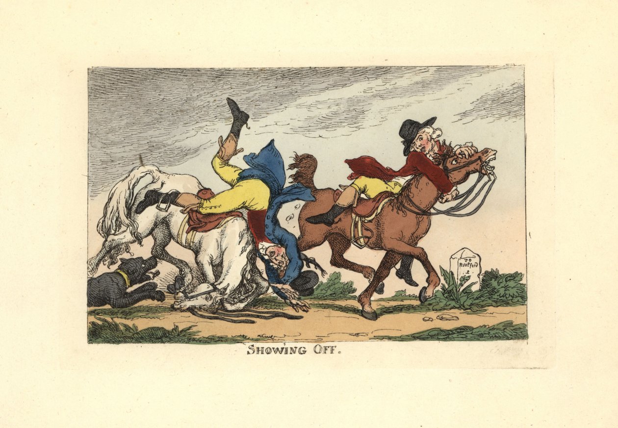 To mænd falder af deres heste efter at have vist frem. Viser sig frem. af Thomas Rowlandson
