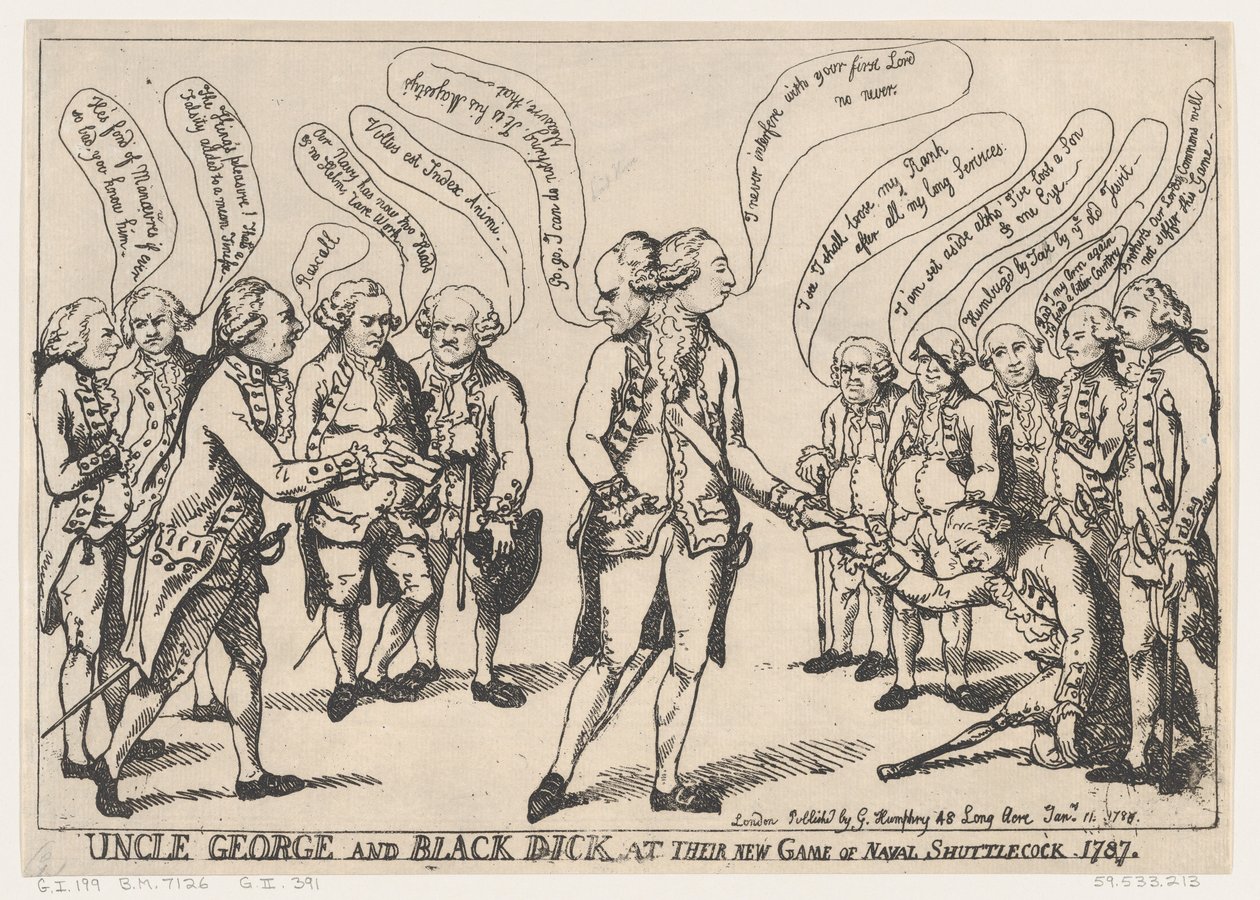 Onkel George og Black Dick ved deres New Game of Naval Shuttlecock, 11. januar..., 11. januar 1787. af Thomas Rowlandson