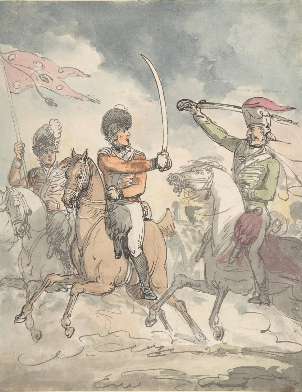 Ubrugt undersøgelse for en tallerken til Ungarsk og Highland Broadsword Exercise 12. februar 1799, ca. 1799. af Thomas Rowlandson.