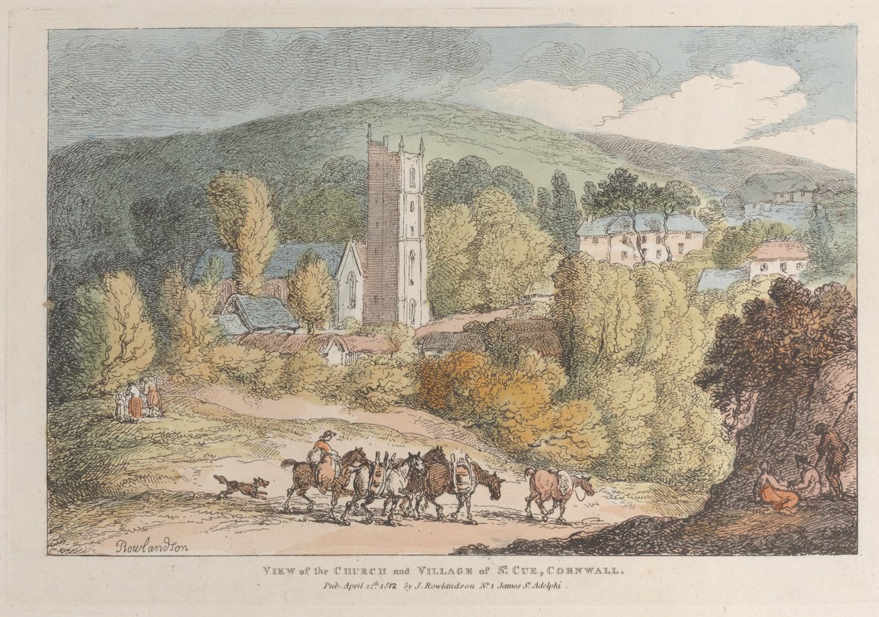 Udsigt over kirken og landsbyen St. Cue, Cornwall, fra Views in Cornwall, A..., 12. april 1812. af Thomas Rowlandson