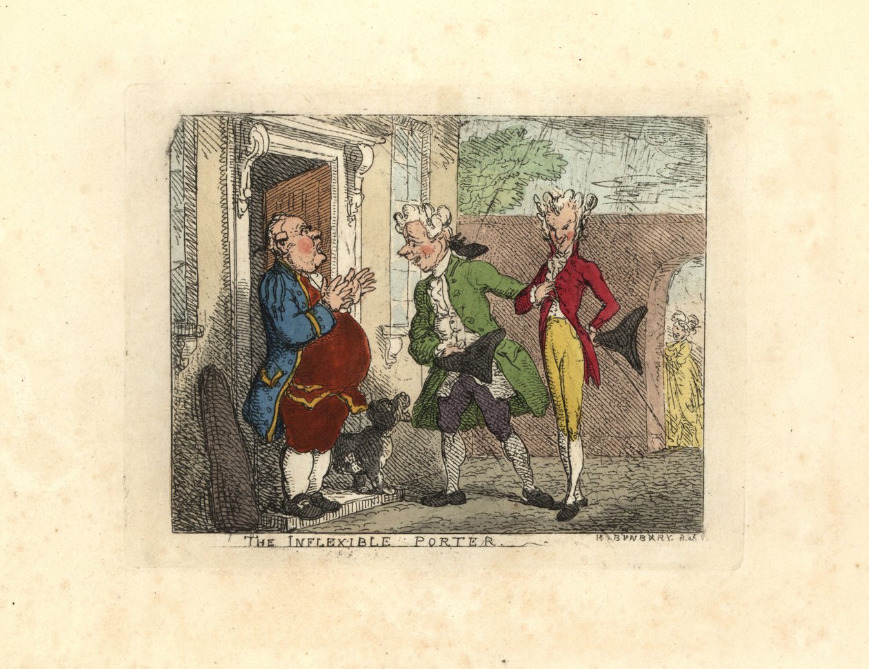 Besøgende herrer nægtede adgang til et hus af en tjener. af Thomas Rowlandson