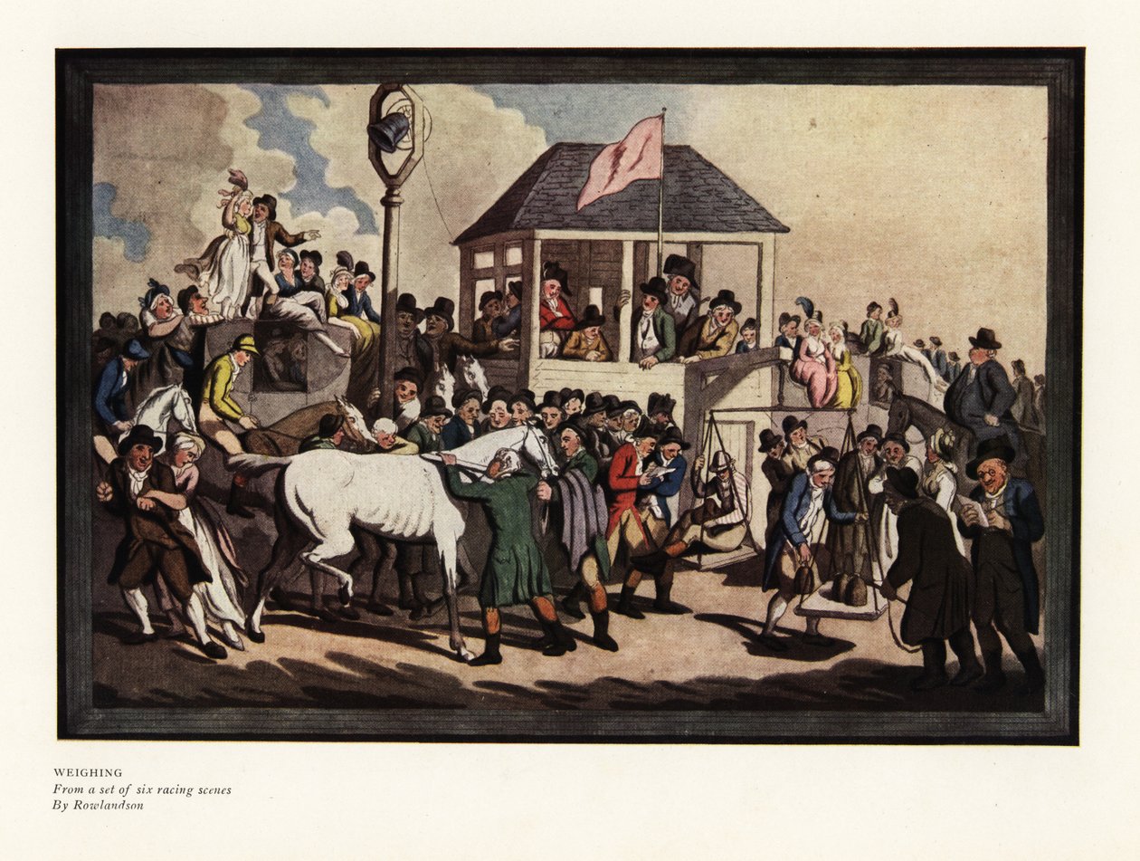 Vejer en jockey på en vægt på en racerbane af Thomas Rowlandson