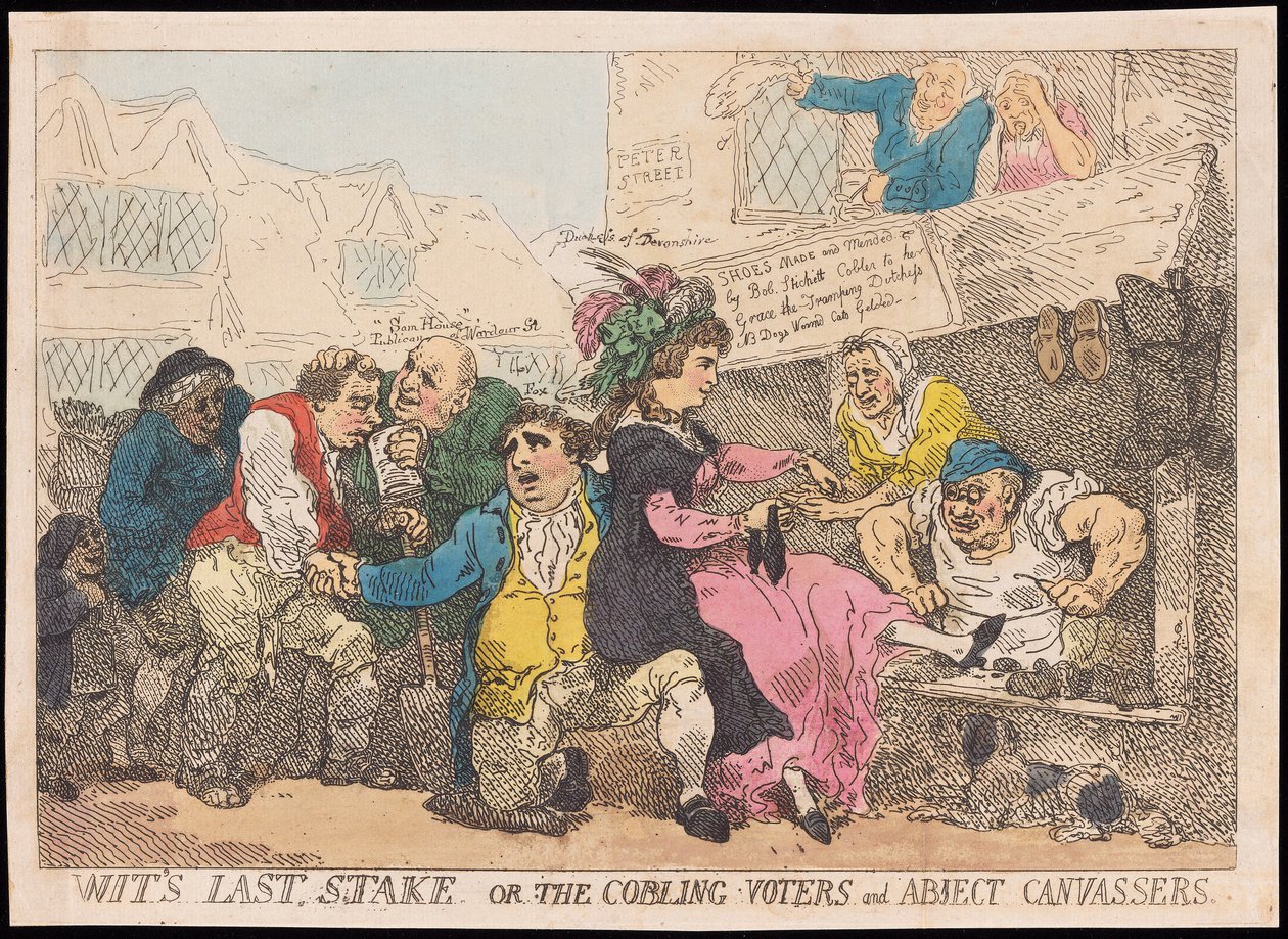 Wits Last Stake, eller The Cobling Voters and Abject Canvassers, pub. (håndfarvet gravering) af Thomas Rowlandson