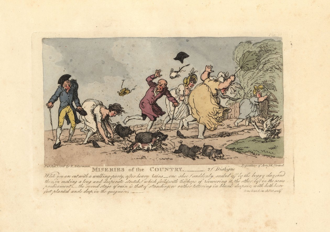 Kvinde ved at falde om med sine sko fanget i mudderet. af Thomas Rowlandson