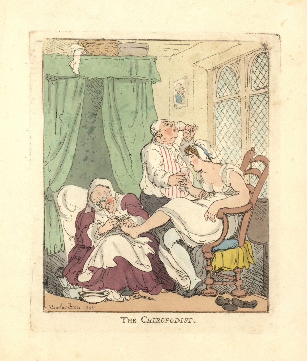 Kvinde får sine fødder behandlet smertefuldt af en fodterapeut. af Thomas Rowlandson