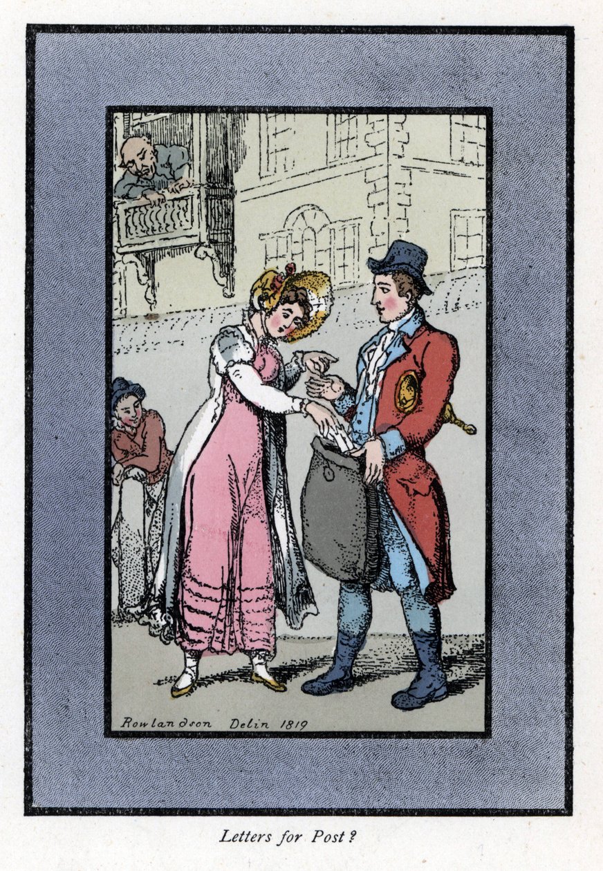 Kvinde betaler og lægger et brev i en taske båret af en ansat i det britiske kongelige postkontor. Træstik, baseret på et maleri af Thomas Rowlandson (1756-1827), udgivet i The Cris of London: med seks charmerende børn og næsten 40 illustrationer, af An af Thomas Rowlandson