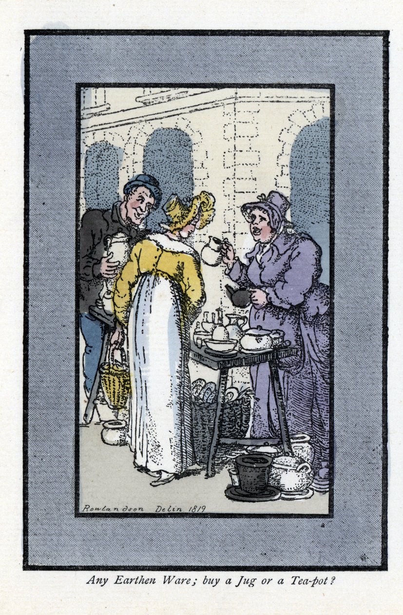 Kvinde, der sælger kander, tekander og skåle, har et gadehjørne. En elegant ung kvinde ser på varerne. Træstik, baseret på et maleri af Thomas Rowlandson (1756-1827), udgivet i The Cris of London: med seks charmerende børn og næsten 40 illust. af Thomas Rowlandson