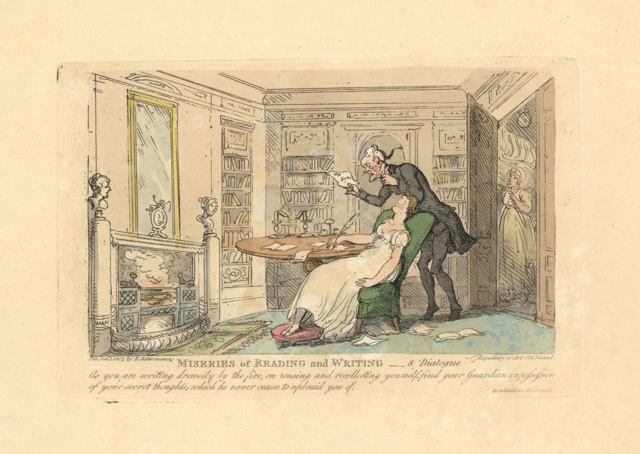 Kvinde sover ved et skrivebord, mens en mand læser hendes hemmelige tanker. af Thomas Rowlandson