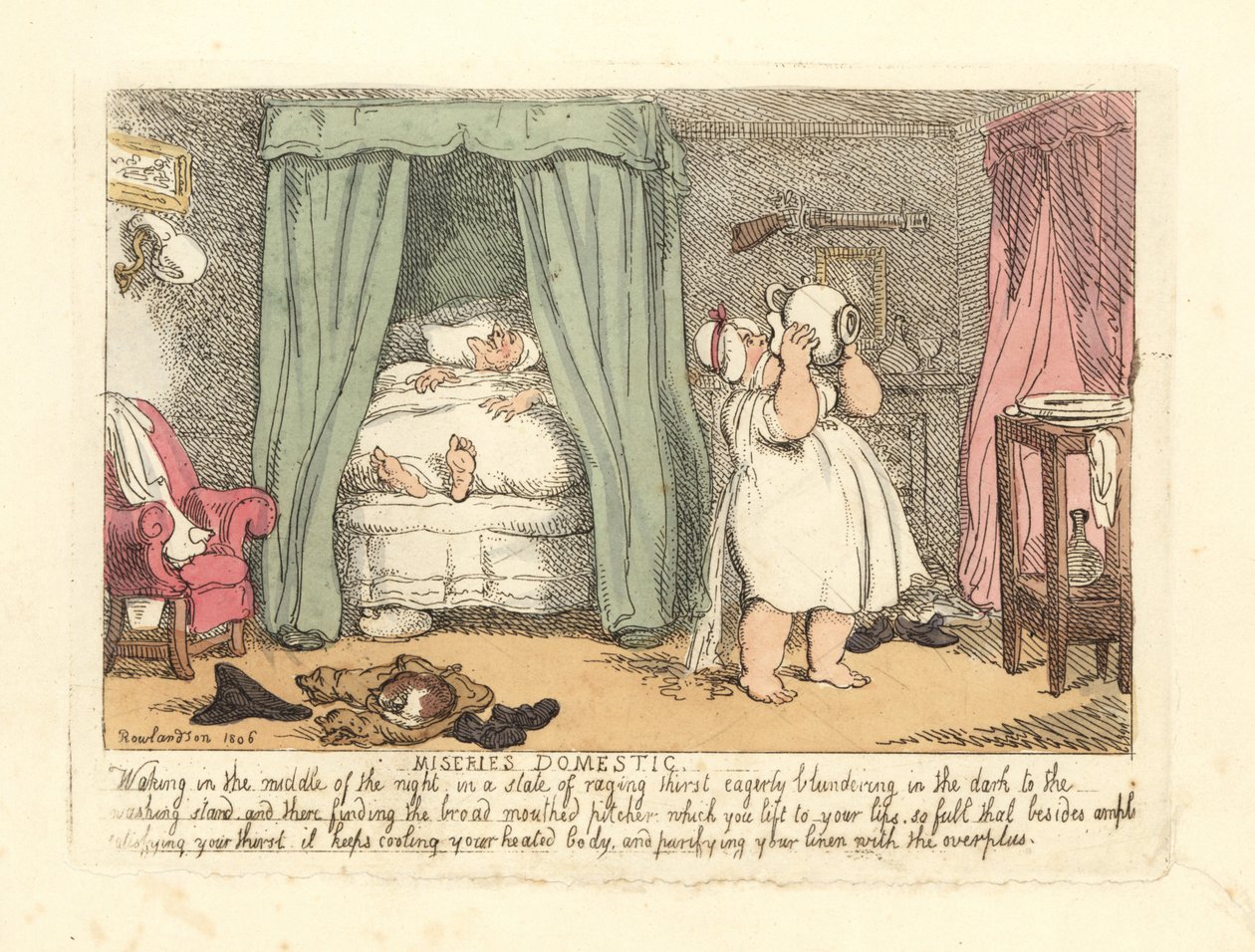 Kvinde spilder en kande vand over sig selv i løbet af natten. af Thomas Rowlandson
