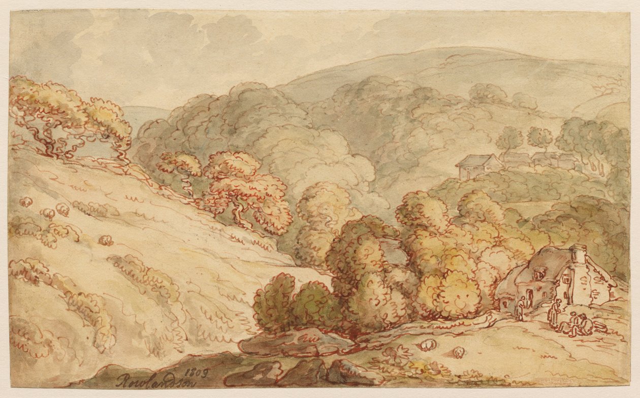 Skovklædt bakkelandskab med hytte og figurer af Thomas Rowlandson