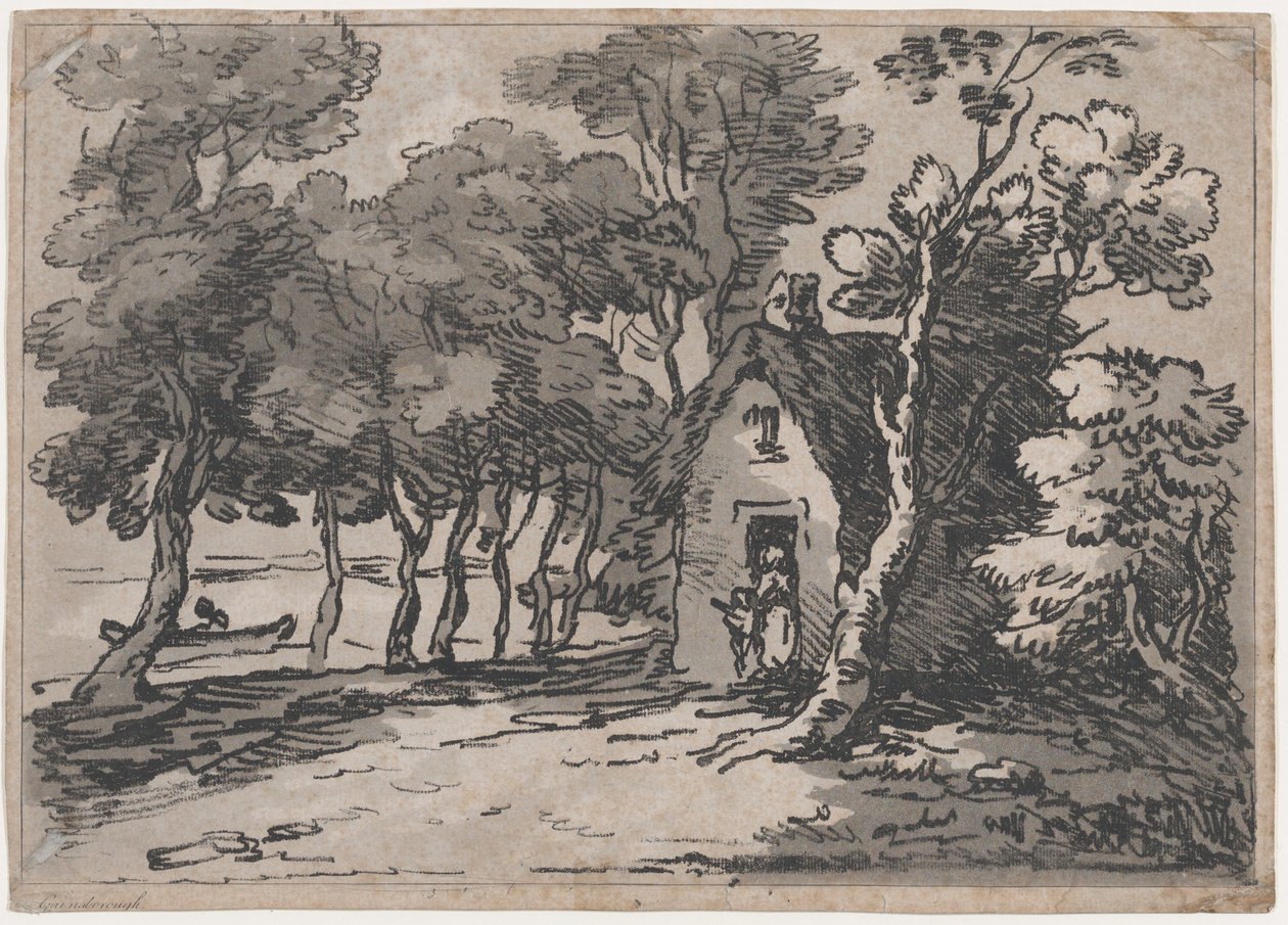 Skovklædt scene med figurer ved døren til et sommerhus, 1783-88., 1783-88. af Thomas Rowlandson