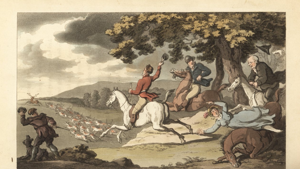 Ung engelsk herre rider med jagthunde i en kronhjortjagt af Thomas Rowlandson