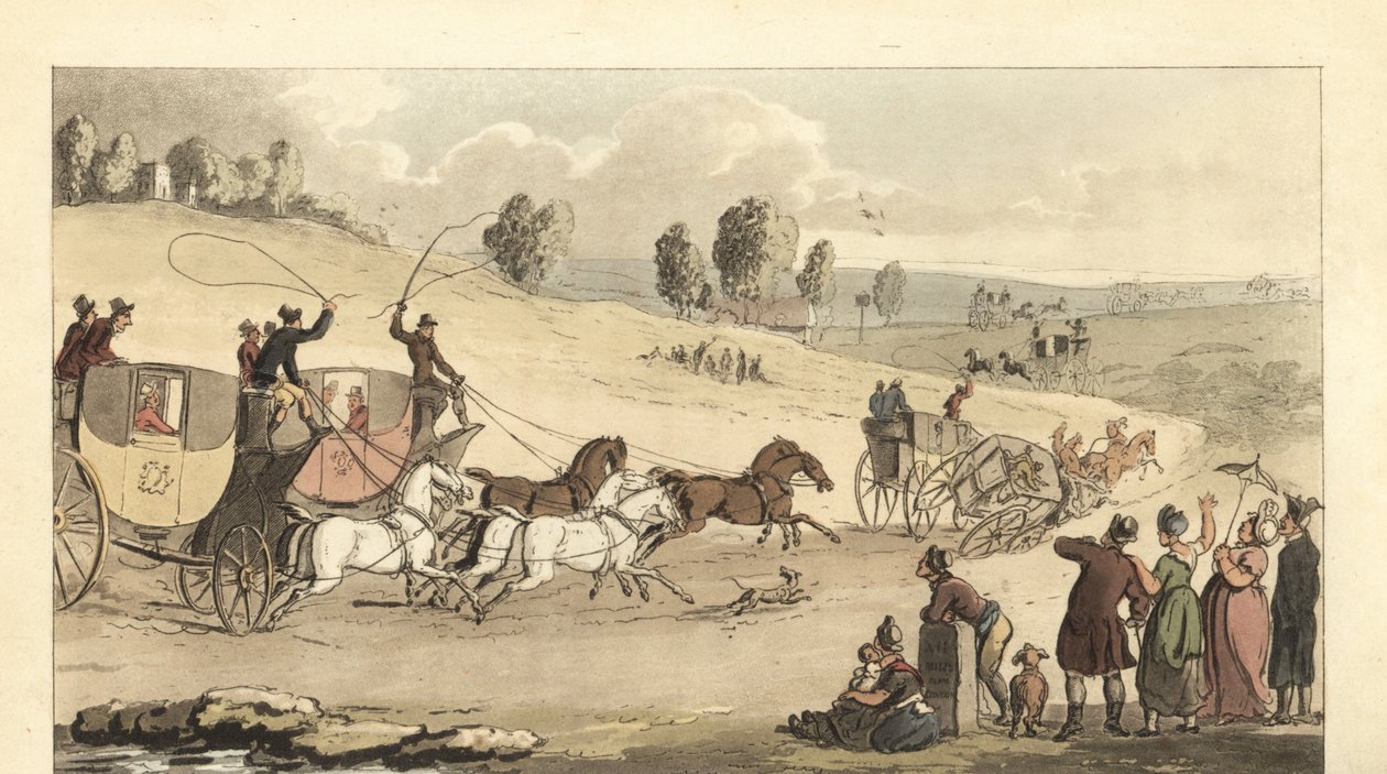 Unge engelske herrer racerløb med fire-hestes vogne på en vej af Thomas Rowlandson