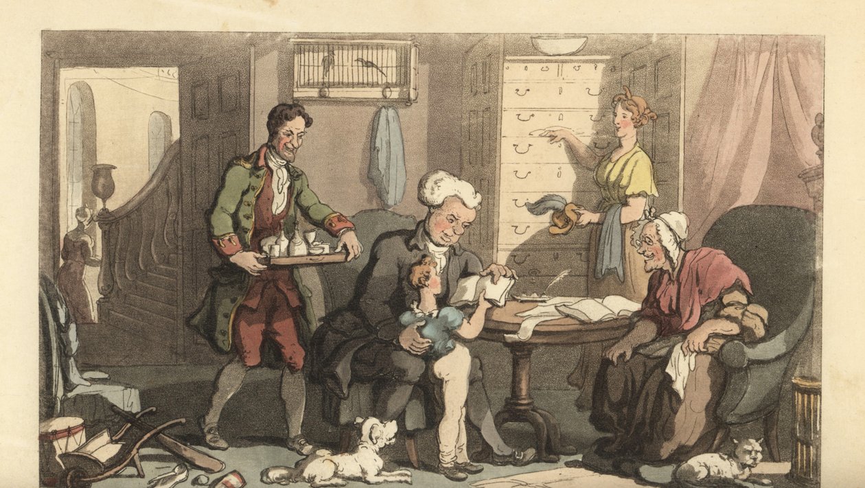 Ung dreng til undervisning med en underviser og sin bedstemor af Thomas Rowlandson