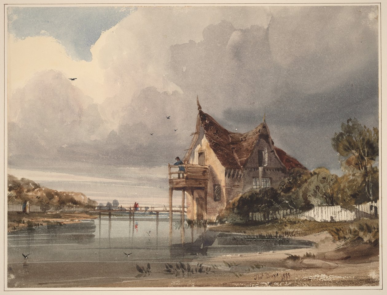 En flod og et sommerhus med hvidt stakit af Thomas Shotter Boys