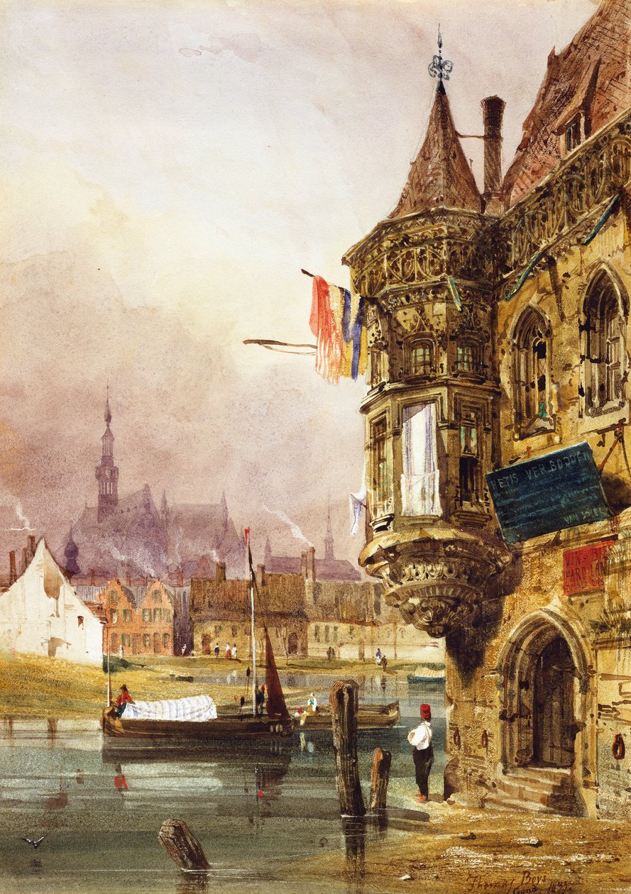 En figur ved siden af en bygning, Gent, med pramme på floden Leye hinsides, 1833 af Thomas Shotter Boys
