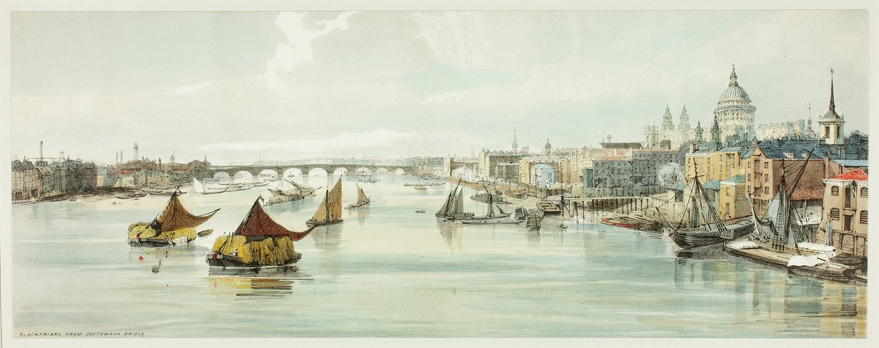 Blackfriars, fra Southwark Bridge, plader seks fra Original Views of London as It Is af Thomas Shotter Boys