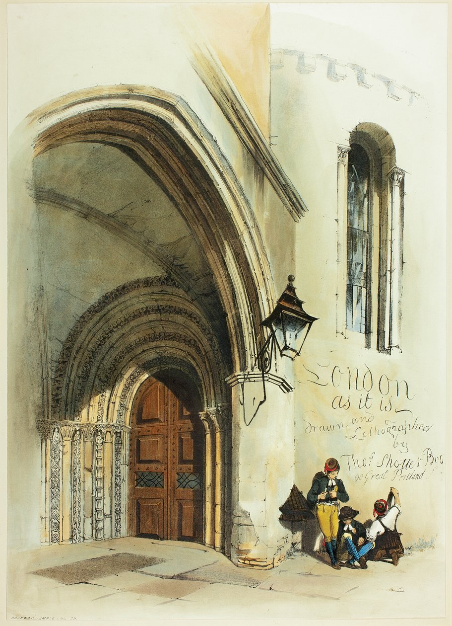 Døråbning, tempel, frontispice til originale udsigter over London, som det er af Thomas Shotter Boys