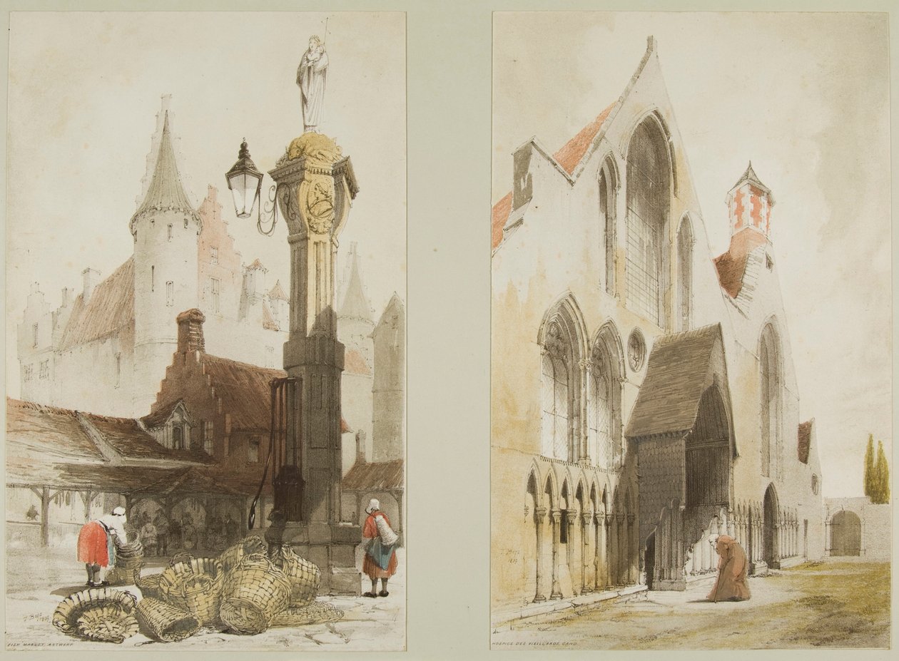 Fiskemarked, Antwerpen og Hospice des Vieillards, Cand, fra malerisk arkitektur i Paris, Gent, Antwerpen, Touen osv. af Thomas Shotter Boys