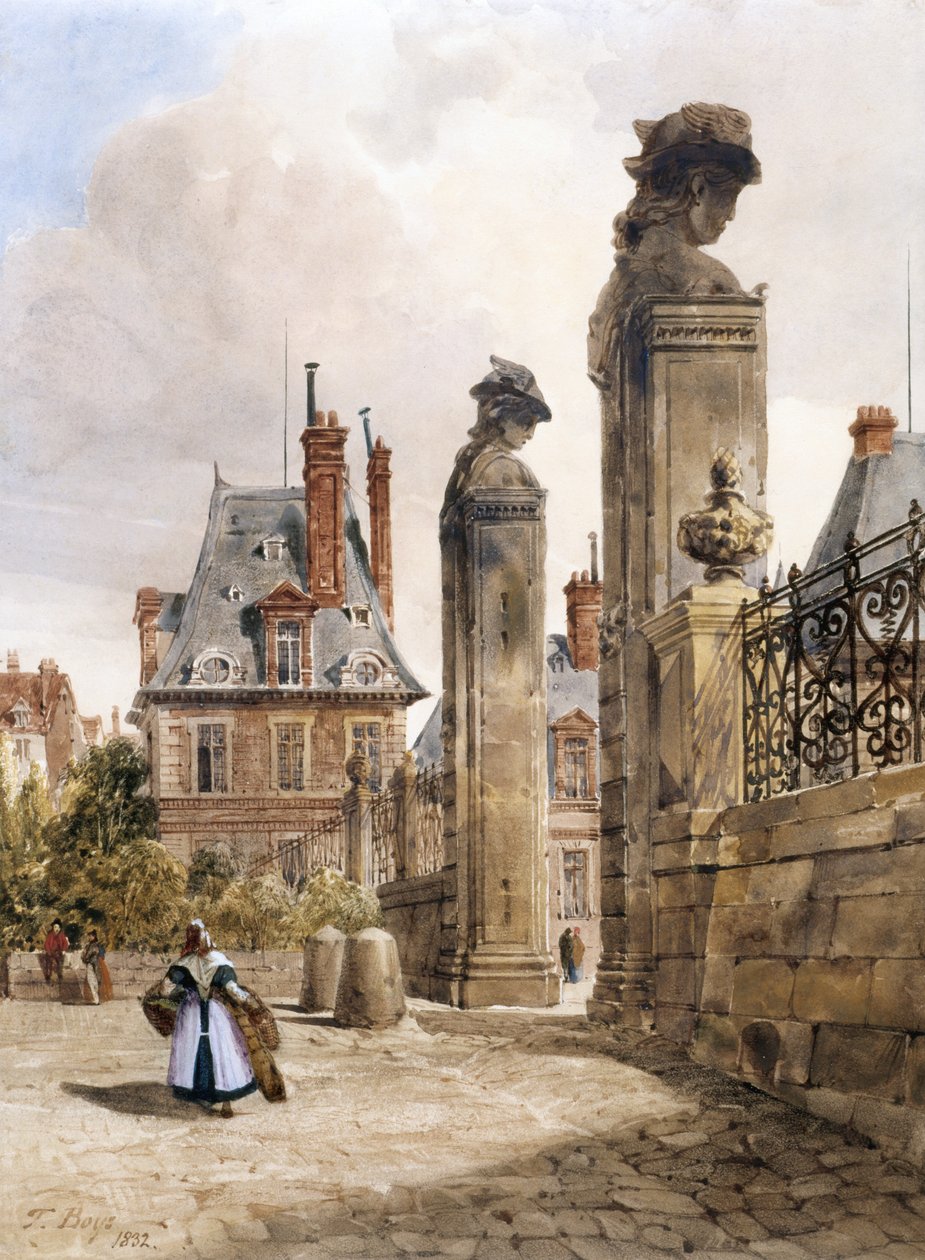 Grille Des Hermès, Porte Dauphine, Palace of Fontainebleau (akvarel med strejf af gummi arabicum på hvidt papir) af Thomas Shotter Boys