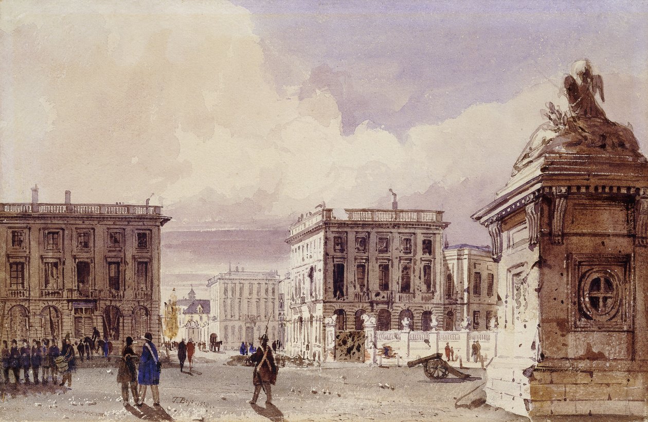 Hotel de Bellevue og Cafe d"Amitie set fra parken, Bruxelles, 1830 af Thomas Shotter Boys