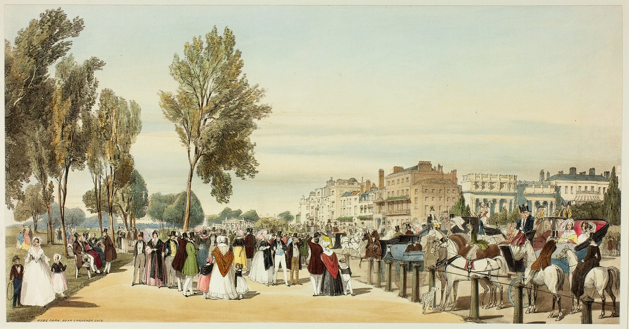 Hyde Park nær Grosvenor Gate, plade seksten fra Original Views of London as It Is af Thomas Shotter Boys