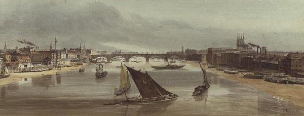London Bridge fra Southwark Bridge (monument til venstre) af Thomas Shotter Boys