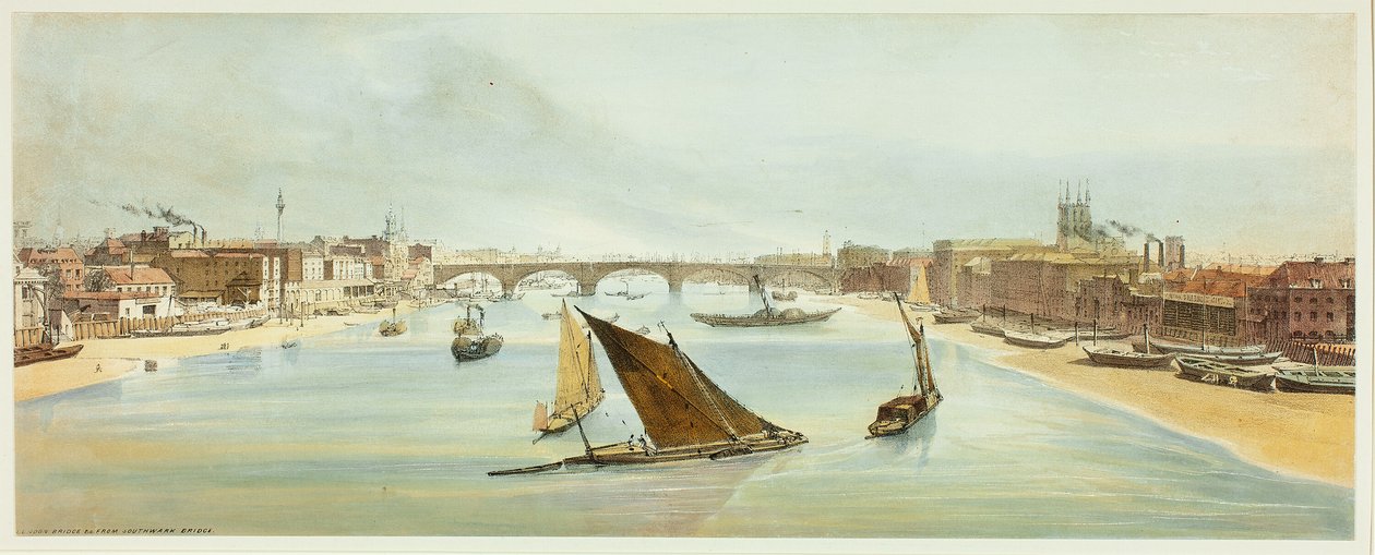 London Bridge, fra Southwark Bridge, plade fire fra Original Views of London as It Is af Thomas Shotter Boys