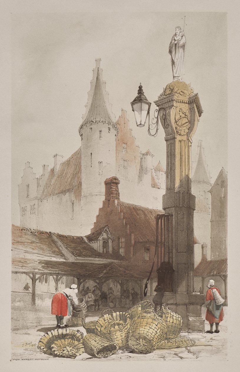 Malerisk arkitektur i Paris, Gent, Antwerpen, Rouen: Fiskemarked, Antwerpen, Belgien af Thomas Shotter Boys