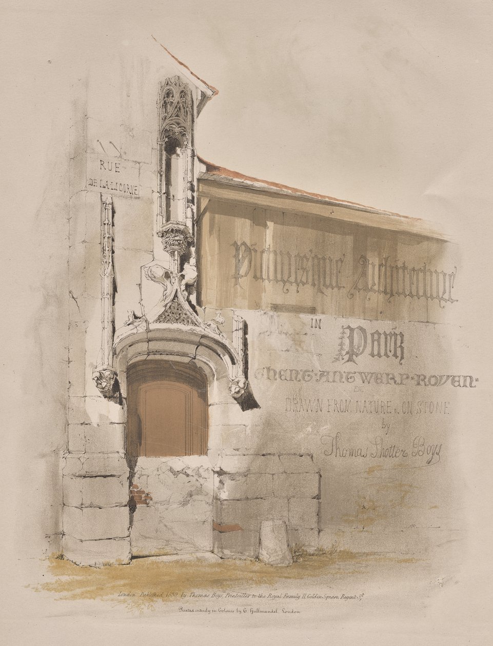 Malerisk arkitektur i Paris, Gent, Antwerpen, Rouen: Rue de La Licorne af Thomas Shotter Boys