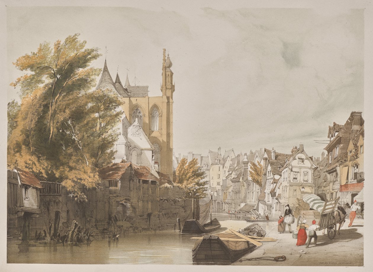 Malerisk arkitektur i Paris, Gent, Antwerpen, Rouen: Rue du Rivage, Abbeville, Frankrig af Thomas Shotter Boys