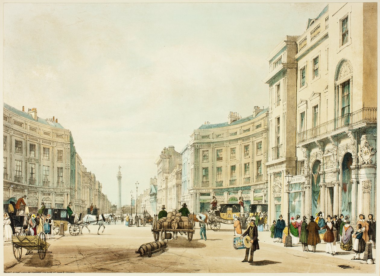 Regent Street set mod hertugen af Yorks søjle, planche 12 fra Original Views of London as It Is af Thomas Shotter Boys