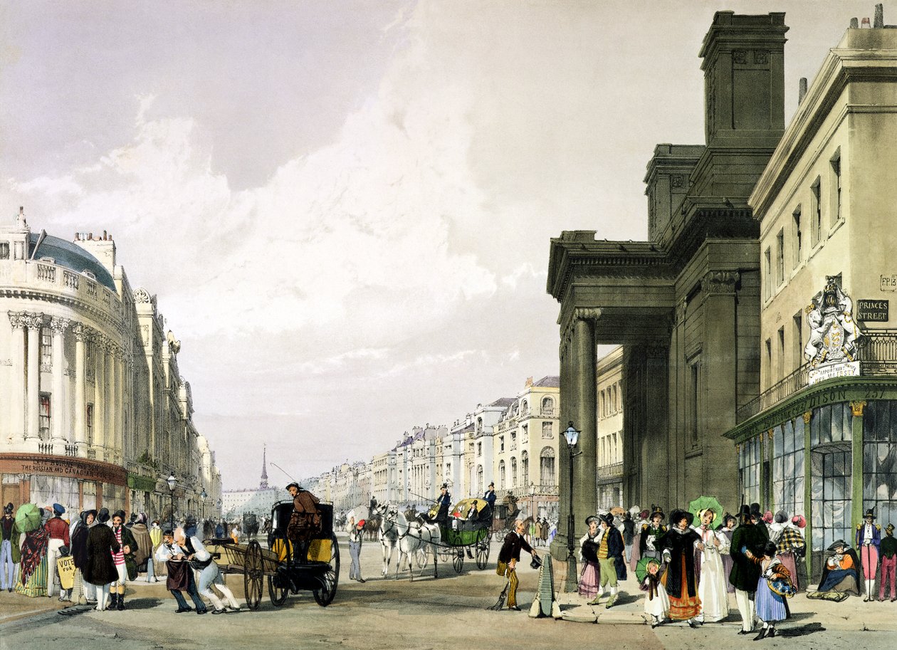 Regent Street ser mod kvadranten med Hannover-kapellet i forgrunden og shoppere, der promenerer, 1842 af Thomas Shotter Boys