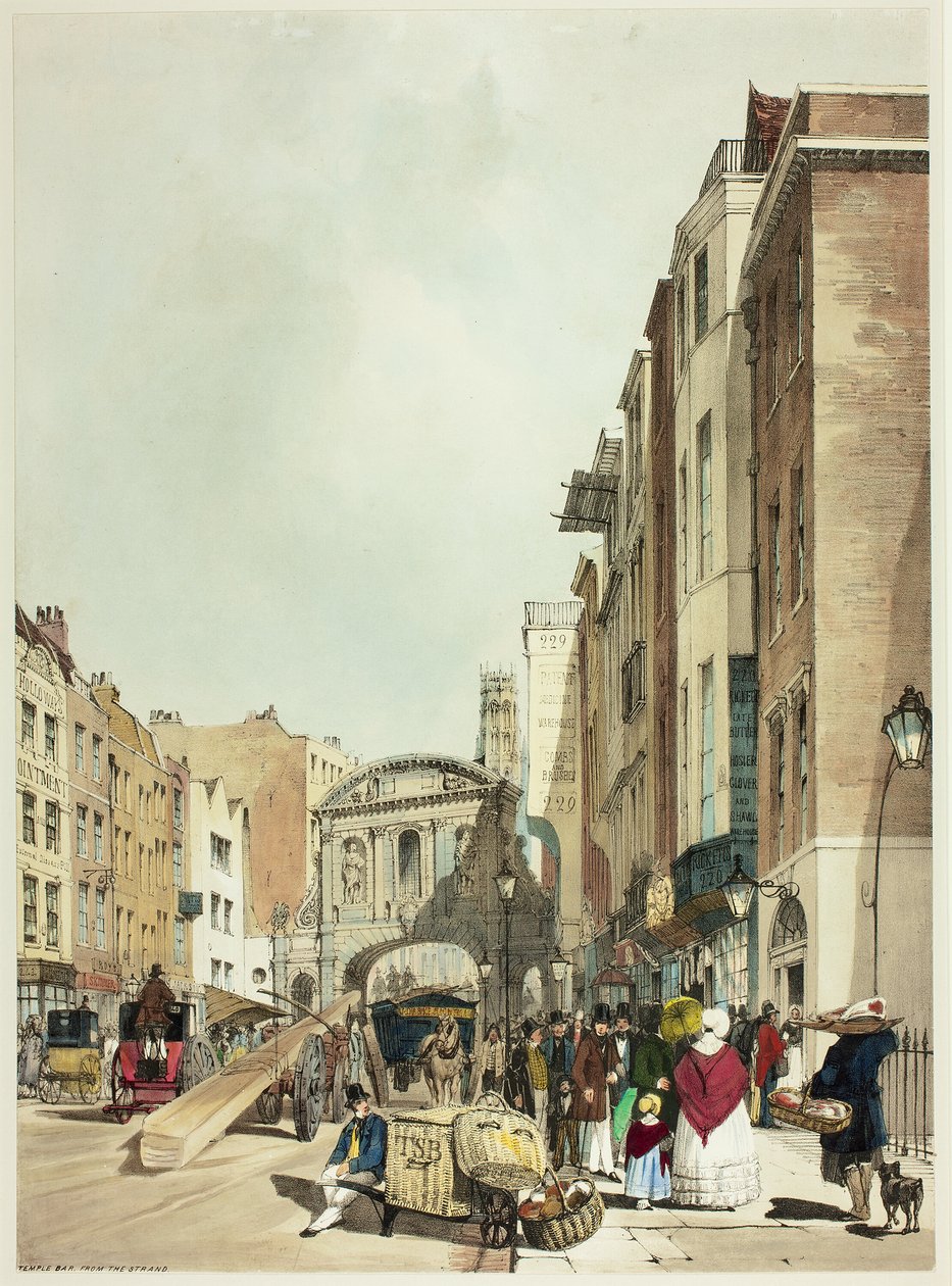 Temple Bar fra The Strand, tallerken 22 fra Original Views of London as It Is af Thomas Shotter Boys